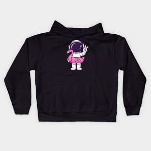 Cute Astronaut Wearing Flamingo Tires And Peace Sign  Cartoon Kids Hoodie